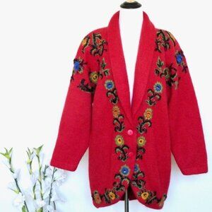 NEW! Vintage Cervelle Wool Blend Chunky Sweater Cardigan Embroidery Red SZ M